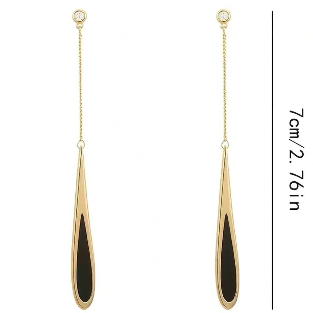 NWT Long Black Droplet Design Dangle Earrings 14K Gold Plated - Picture 4 of 9